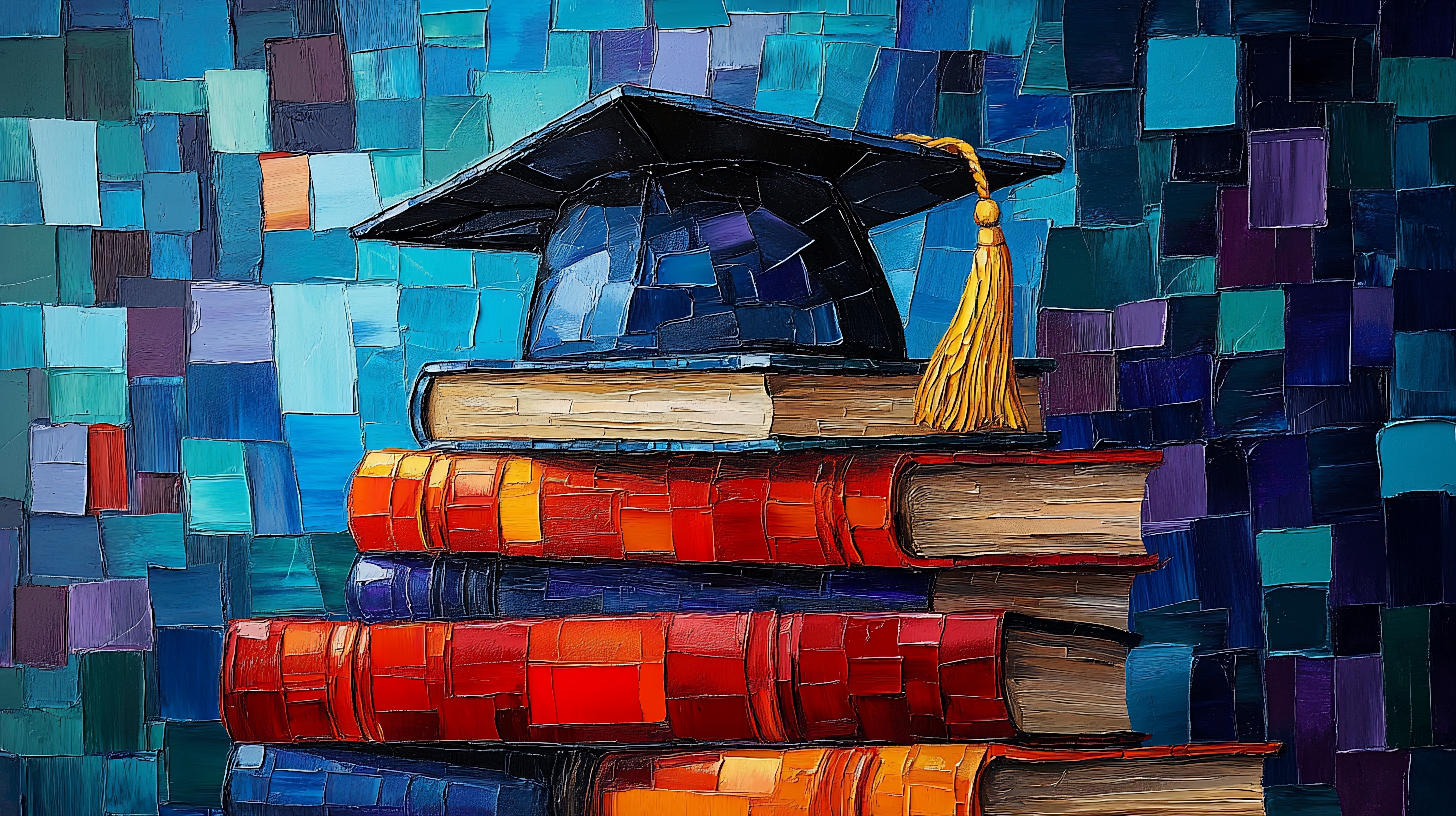 Graduation cap on a stack of books, mosaic art style.