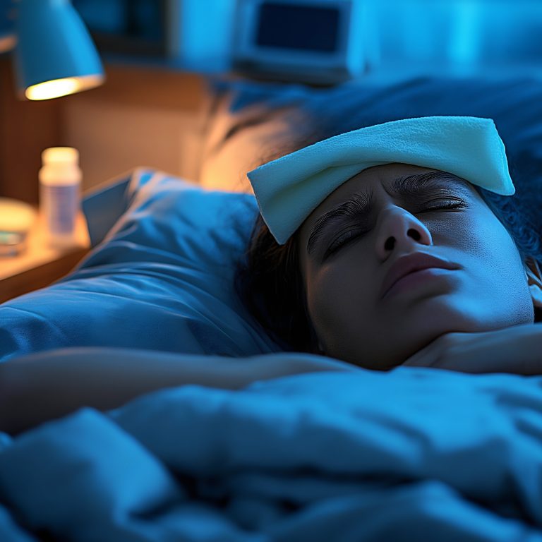 A person in bed is taking care of illness symptoms, using a cold compress on their forehead, with a thermometer and medication on the nightstand, emphasizing the importance of rest