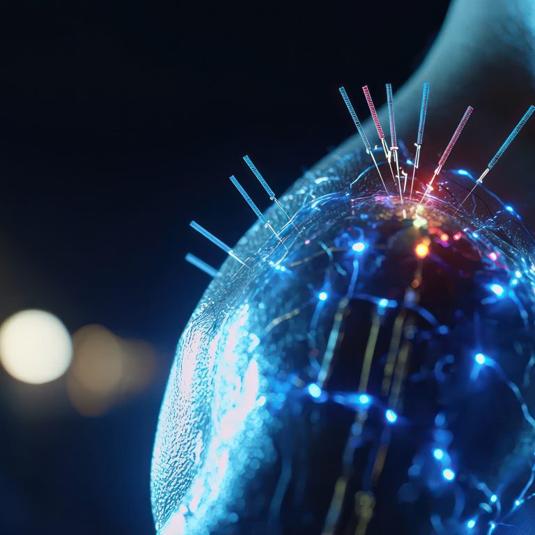 Close-up of a person's shoulder undergoing acupuncture treatment, highlighting the needles and energy flow.